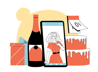 Birthday celebration with gifts, cake, champagne, and video call. 