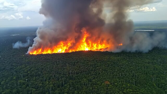 Forest fire spreads rapidly across the Amazon rainforest, releasing thick smoke and flames in a devastating outbreak during the dry season