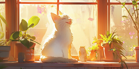 Anime cute cat by window, soft light bedroom scene, cozy background, warm and relaxing atmosphere