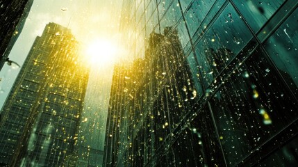 Obraz premium City skyscrapers, rain, sunlight, urban scene, business backdrop
