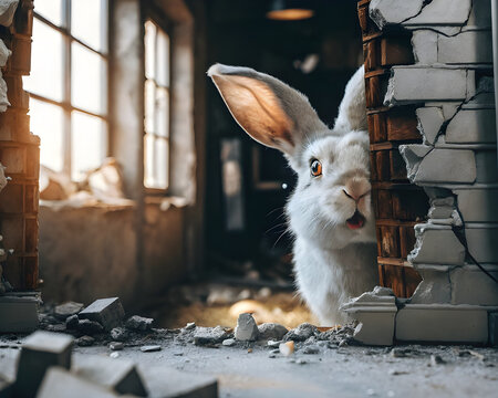 Osterhase schaut aus zerfallender Mauer in alten Fabrikraum