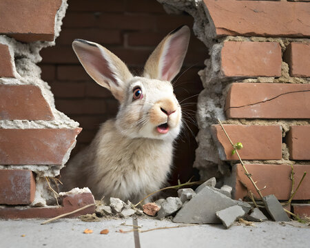 Osterhase schaut aus zerst&ouml;rter Mauer in st&auml;dtischem Umfeld