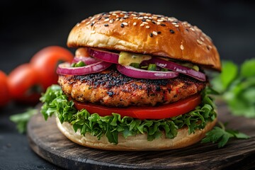Delicious Gourmet Burger with Fresh Toppings on a Rustic Wooden Board Dark Background