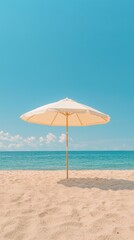 Fototapeta premium Relaxing beach day under a white umbrella tropical coast sunny environment serene viewpoint