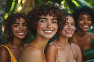 Fototapeta premium Four Smiling Women Friends Tropical Paradise