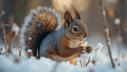 Obraz premium Squirrel Enjoying Winter Wonderland Holding Snow Covered Twig