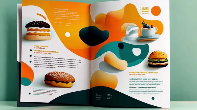 Abstract Food Brochure Design: A vibrant and dynamic food brochure design featuring abstract shapes, color accents and delicious looking food illustrations, such as a burger, cake, and bread roll.