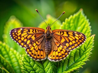 Obraz premium Delicate Pearl-Bordered Fritillary Butterfly on Wild Mayflower Leaf - Spring Nature Stock Photo