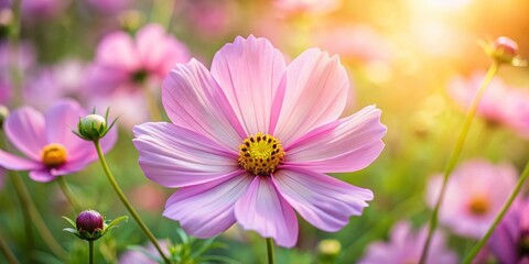 Fototapeta premium Delicate Pink Cosmos Flower Close-up, July Bloom, Vibrant Petal Detail
