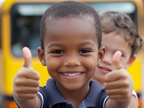 Smiling kids showing thumbs up in front of school bus - ai