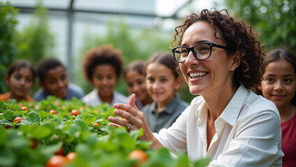 A joyful educator smiles as she engages with a group of children in a vibrant greenhouse, surrounded by lush green strawberry plants, emphasizing environmental education and teamwork