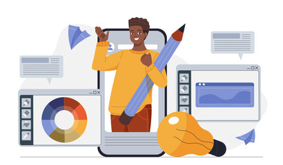 Creative designer holding a large pencil and emerging from a smartphone. 