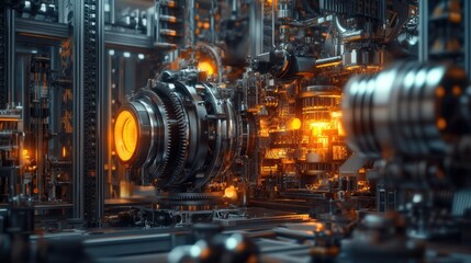 Futuristic Industrial Machinery Complex Gears Metal Components and Orange Glowing Lights