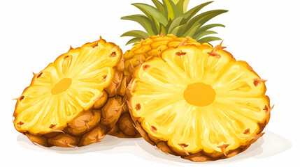 Juicy pineapple slices, halved fruit, white background, food photography, recipe illustration