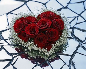 red roses in heart shaped and bouque show love for valentines day on glass broken surface