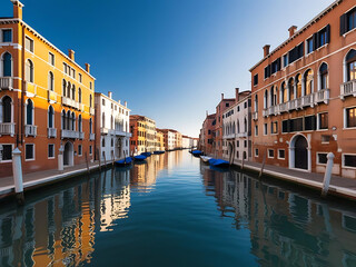 Fototapeta premium A wide-angle shot of the Venetian Grand Canal with beautiful historic buildings and vibrant reflections