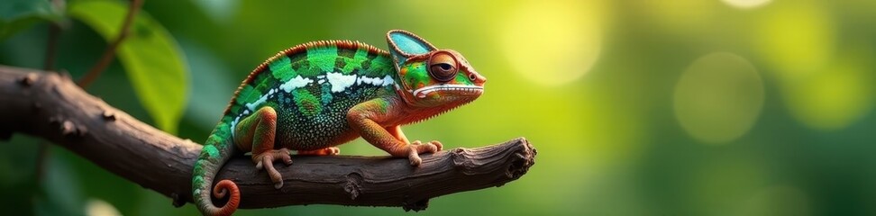 Fototapeta premium Fischer's chameleon clinging to a weathered branch, sunlight dappled, reptile photography, sun