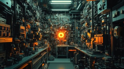 Fototapeta premium Futuristic Cyberpunk Room Intricate Machinery Glowing Core Sci Fi Interior Design