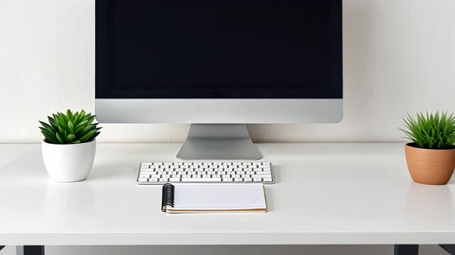 Financial and business concept, Minimalist workspace with computer and notebook.