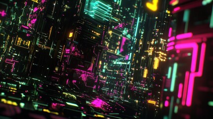 Fototapeta premium Neon Cityscape: Abstract Futuristic Technology and Data Network Visualization
