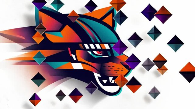 Geometric Wolf: Abstract stylized wolf head design, vibrant colors, geometric shapes, dynamic composition.  Perfect for modern branding, gaming, and technology themes. 