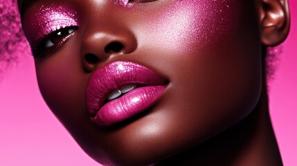 Obraz premium Pink Glitter Makeup, Close-up, Woman, Studio, Beauty