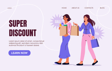 Obraz premium Super discount shopping promotion with two women carrying bags. 