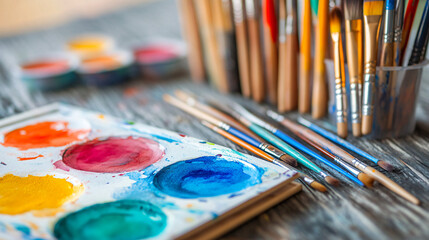 Obraz premium An artist’s watercolor palette with various brushes resting on the table, surrounded by unfinished paintings in an art classroom.