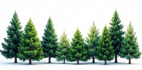 Fototapeta premium Various coniferous and evergreen trees, white backdrop , environment, conifer