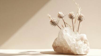 A delicate piece of quartz crystal with dried thistles inside, placed on the right side against a light beige background. The composition is minimalist and focused