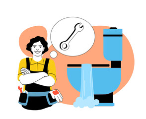 Female plumber thinking about repairing a leaking toilet. 