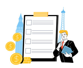 Business planning with checklist and financial symbols. 