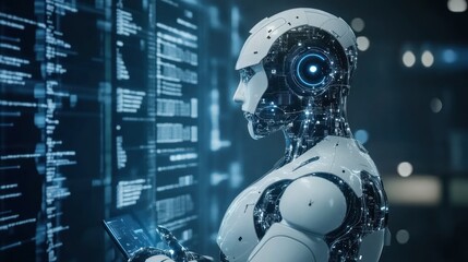 Futuristic AI Robot Analyzing Data Streams with Advanced Technology