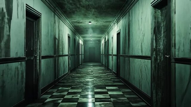 Dark and eerie hallway illuminated by flickering lights in an abandoned building