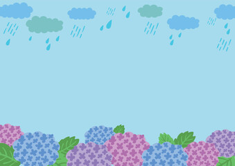 梅雨の雨と紫陽花のイラスト　フレーム・背景素材