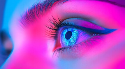 Close-up of a woman's eye with vibrant pink and blue lighting.