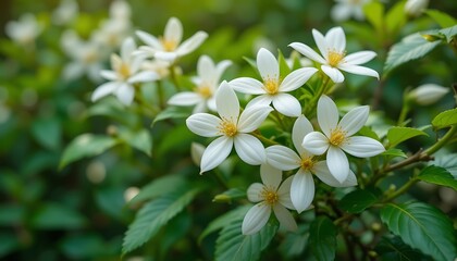 Fototapeta premium Close-up of Delicate White Flowers Blooming in Lush Green Foliage, Nature's Beauty