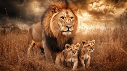 Obraz premium Majestic lion, cubs, savanna, sunset, wildlife, nature, photography, poster