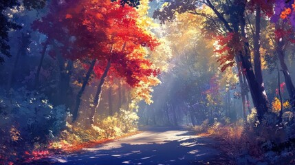 Obraz premium Autumnal forest path, sunlit trees, misty scene, scenic road, nature wallpaper