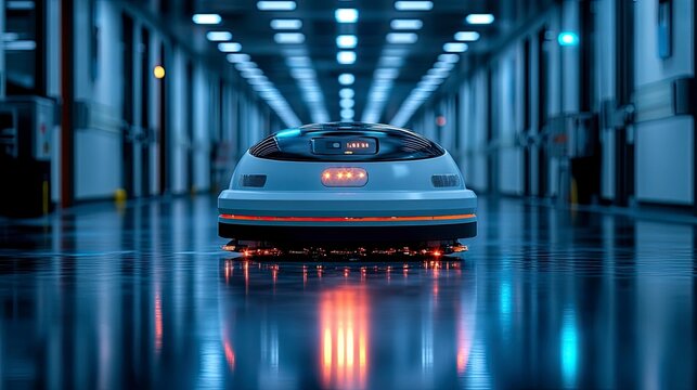 Autonomous cleaning robot sanitizing hospital floor with LED indicator showing cleaning progress and battery level