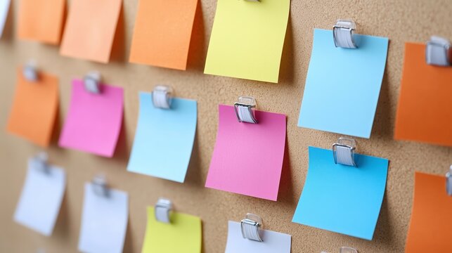 Colorful Sticky Notes on Corkboard: A vibrant collection of colorful sticky notes, attached with mini clips to a corkboard, creating a visually engaging image perfect for concepts related to planning.