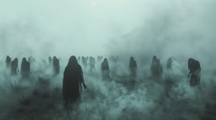 Mysterious shadowy figures emerging from dense fog in a desolate outdoor setting