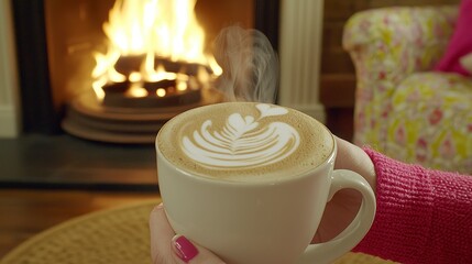 Obraz premium Cozy Coffee Cup with Heart Art by a Warm Fireplace in a Living Room