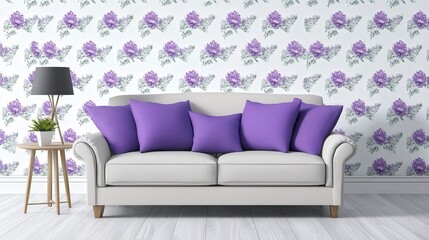Fototapeta premium Cozy Living Room with Cream Couch and Purple Cushions in Charming Decor