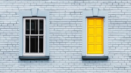Bright Yellow Door and Window on Blue Brick Wall Exterior
