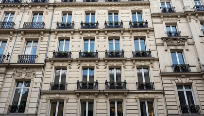 Obraz premium Elegant Parisian Building Facade with Ornate Balconies and Flower Boxes
