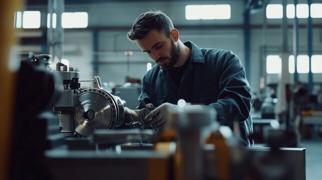 Industrial workshop. Technicians repairing machinery. Showcasing technical skills and maintenance. Ideal for industrial training materials.