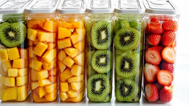 Colorful display of fresh cut fruits in clear containers arranged in a row on a countertop for a healthy snack option