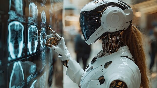 Medical robot analyzing X-ray images on large curved display while doctor points to specific areas of concern - Powered by Adobe