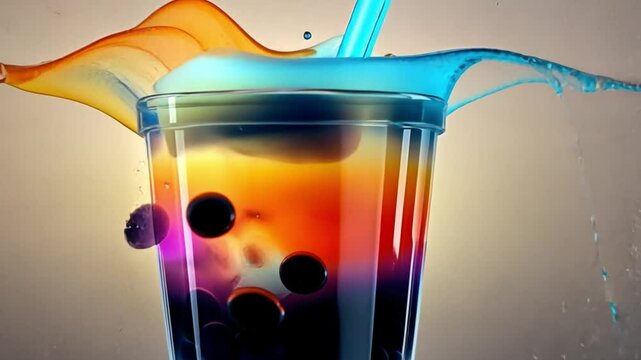 Rainbow Bubble Tea Splash: A vibrant close-up of a multi-colored bubble tea, capturing the moment a straw punctures the surface, creating a stunning splash of colors and bubbles.